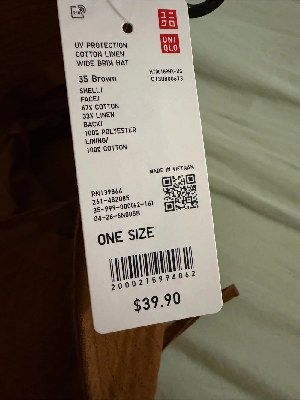 Uniqlo UV Protection Cotton Linen Wide Brim Hat